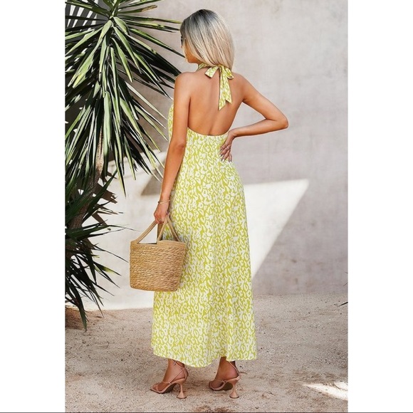 Yellow Green Leopard Print Halter Neck Maxi Dress - Picture 2 of 4